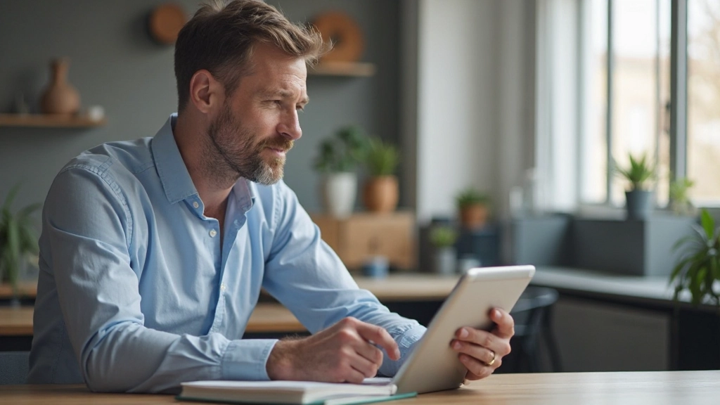 Professionele man studeert Nederlands op tablet met gestructureerd leerplan