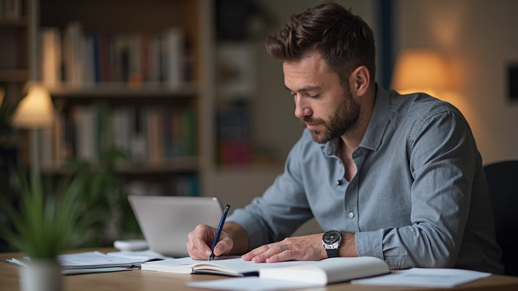 Professionele man die Nederlands grammatica studeert met gesloten boeken en notities