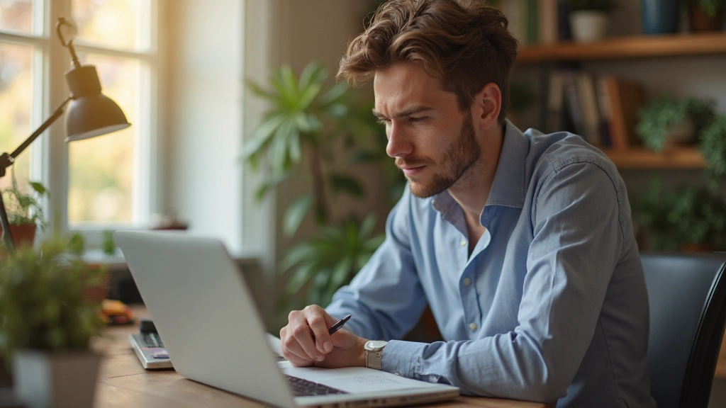 Student studying Dutch grammar with workbook and digital resources at home desk