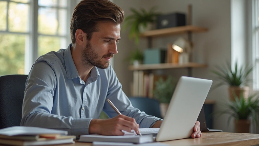 Student studying Dutch grammar with workbook and digital resources at home desk