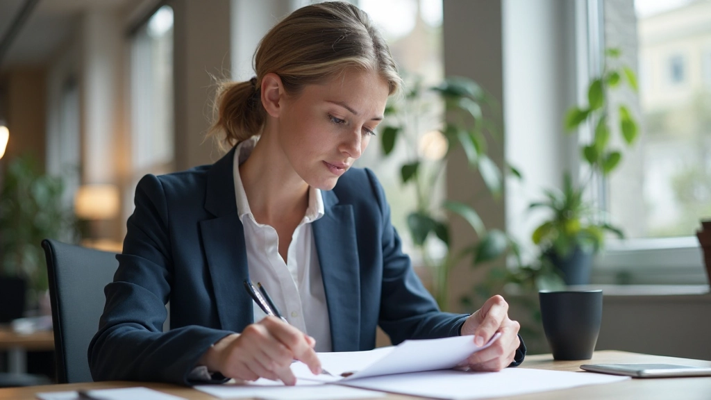 Professional vrouw die Nederlands spreekt in modern kantoor met laptop en notities